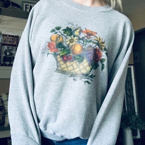 Vintage Lee Sport Gray Sunflower Floral Bouquet Crewneck Sweatshirt - Picture 1 of 8